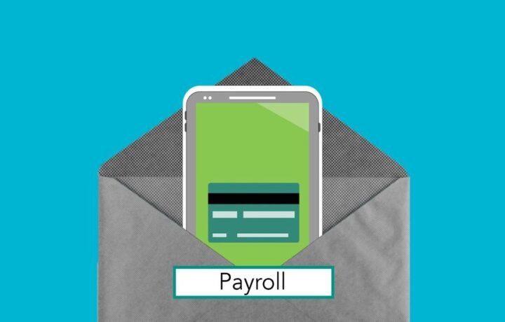 Decorative cardboard illustration of cellphone with application on screen in envelope with Payroll inscription on blue background