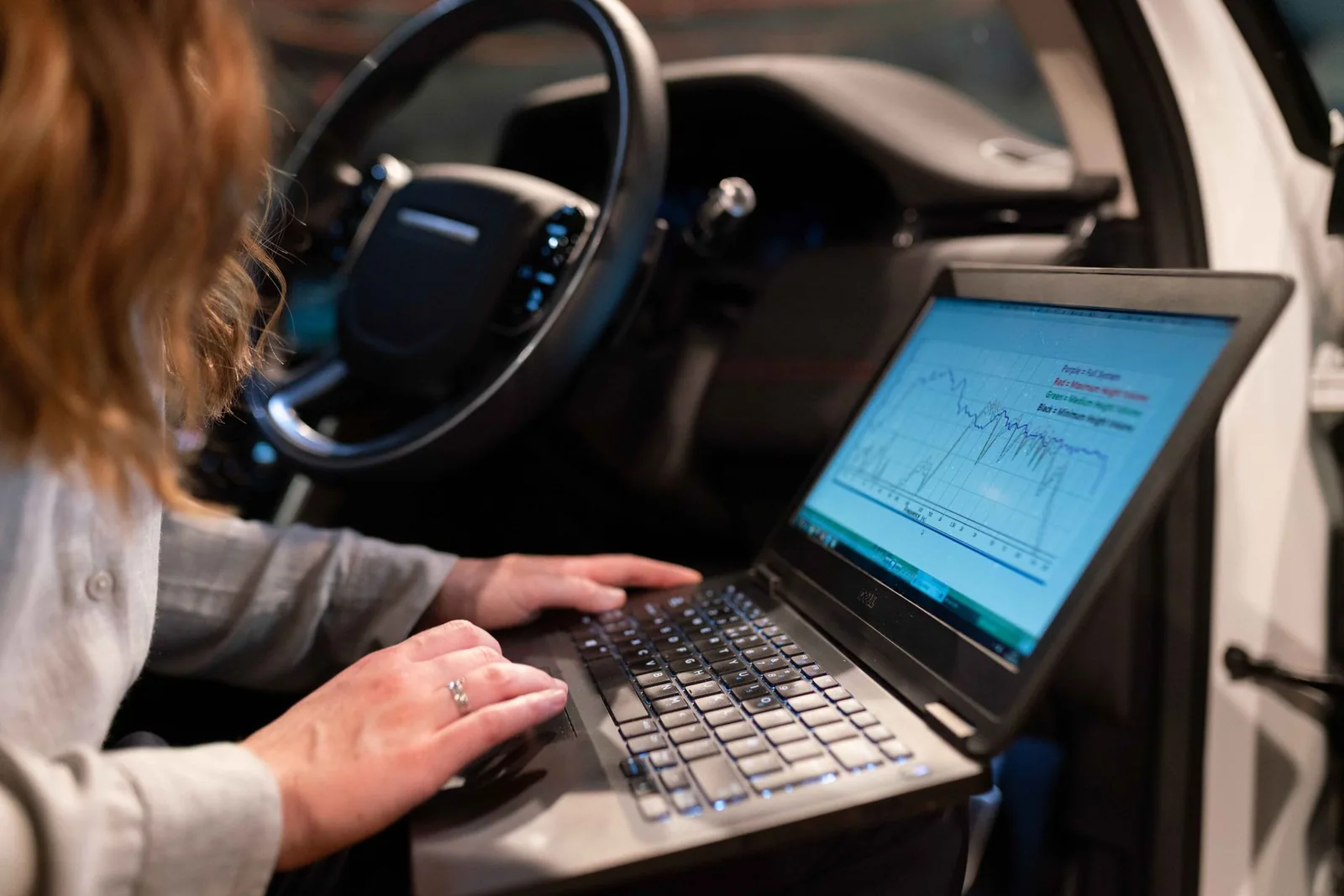 Engenheira usando notebook dentro de um carro para analisar dados veiculares e testar modelos de detecção de fraude